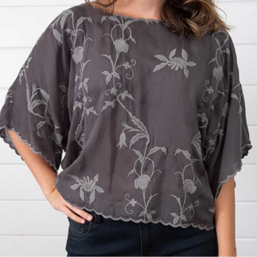 Johnny Was Winter Vine Cropped Top Charcoal Top with Vibrant Embroidery